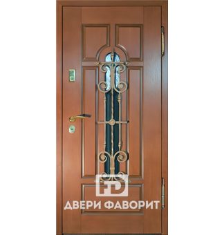 Металлическая дверь с ковкой и стеклом, отделка винорит