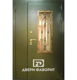 Двустворчатая уличная дверь с ковкой и стеклом