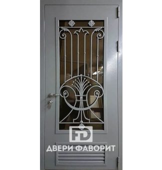 Стальная дверь со стеклом, ковкой и вентиляционной решеткой
